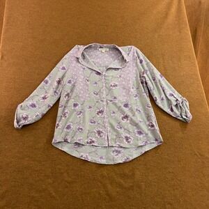 Cactus + Pearl Womens Large Purple Floral Roll Tab Sleeve Button Up Blouse